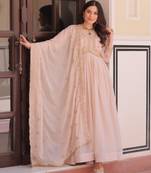 Beige star georgette embroidered designer anarkali gown with dupatta