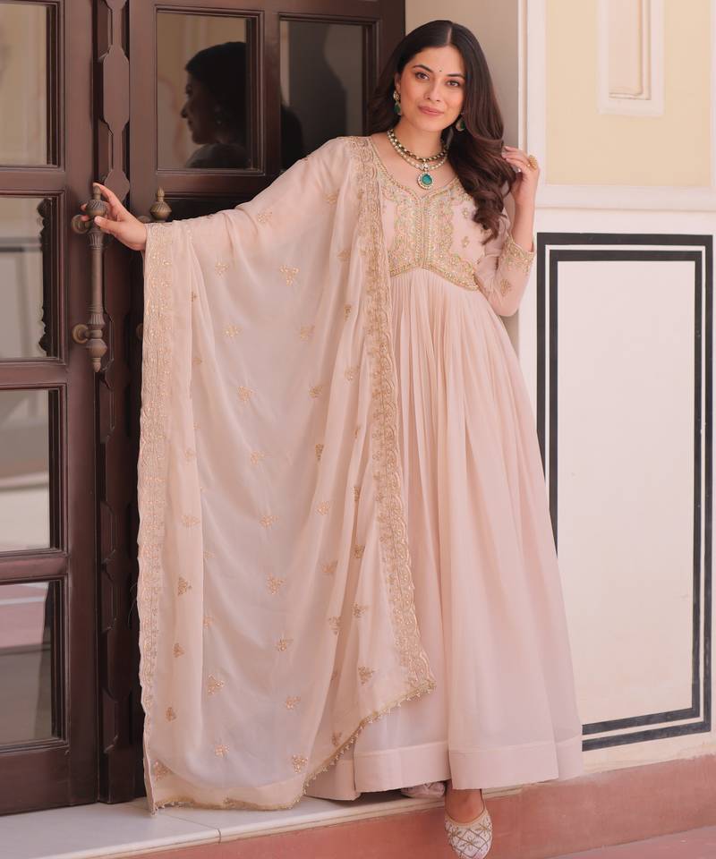 Beige star georgette embroidered designer anarkali gown with dupatta