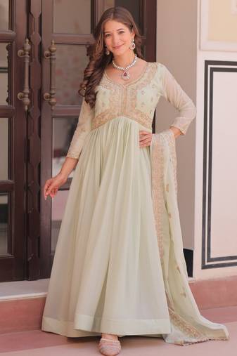 Sea green star georgette embroidered designer anarkali gown with dupatta