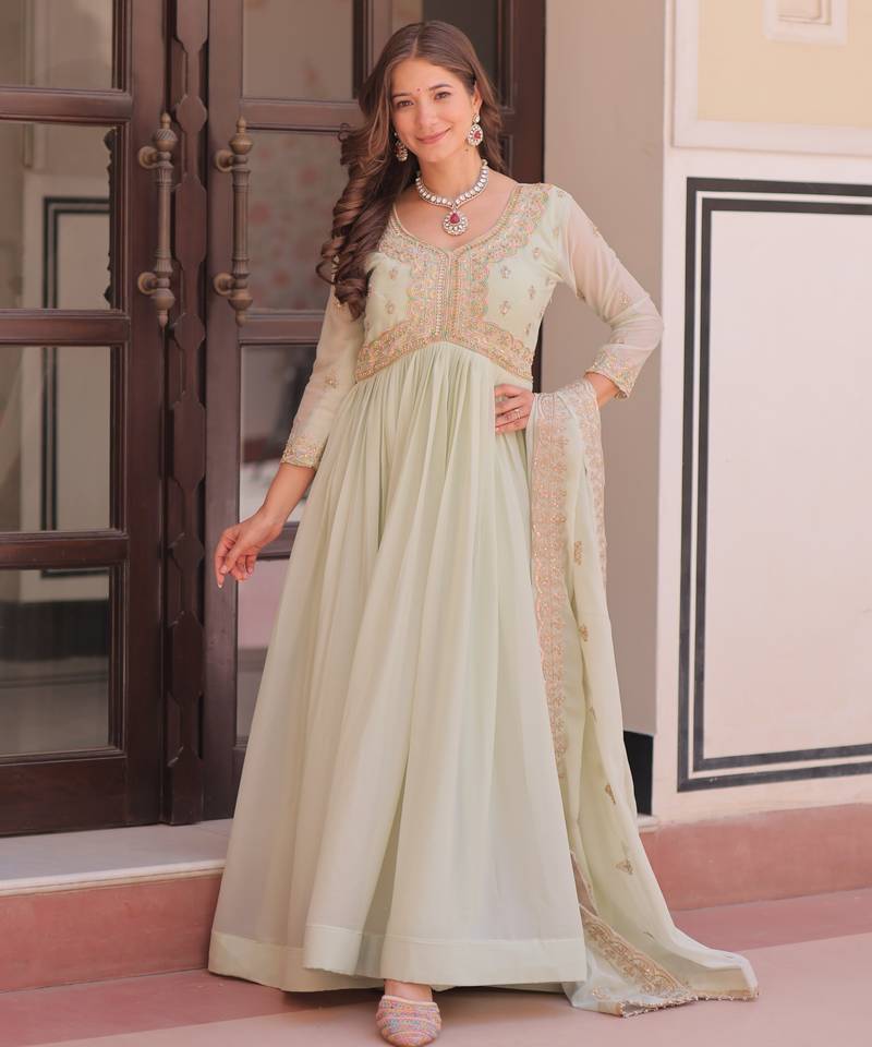 Sea green star georgette embroidered designer anarkali gown with dupatta