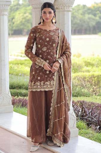 Coffee fendy embroidered designer sharara suit with dupatta