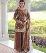 Coffee fendy embroidered designer sharara suit with dupatta