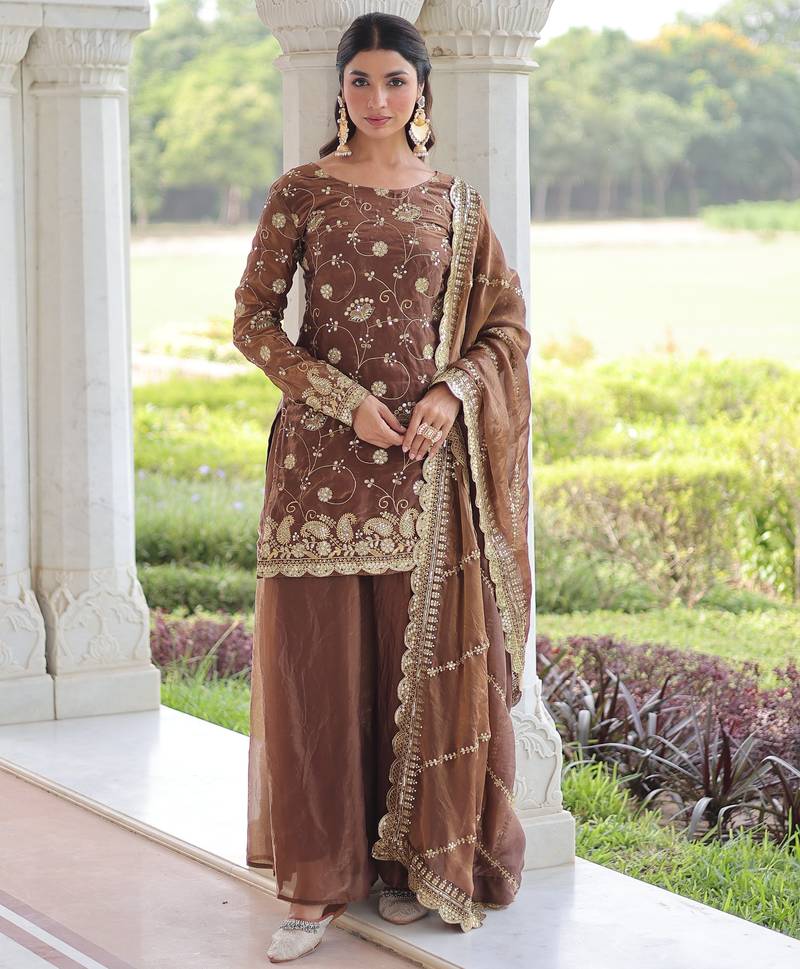 Coffee fendy embroidered designer sharara suit with dupatta
