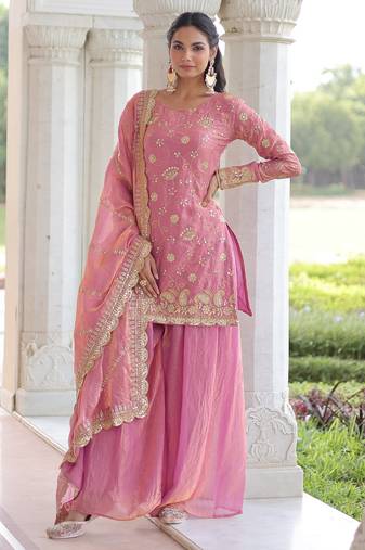 Baby pink fendy embroidered designer sharara suit with dupatta
