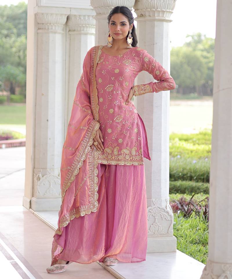 Baby pink fendy embroidered designer sharara suit with dupatta