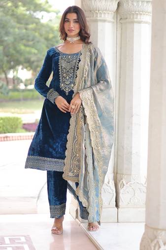 Blue velvet embroidered designer kurta set with dupatta