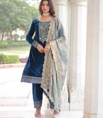 Blue velvet embroidered designer kurta set with dupatta
