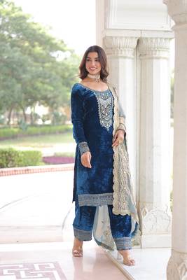 Blue velvet embroidered designer kurta set with dupatta 2