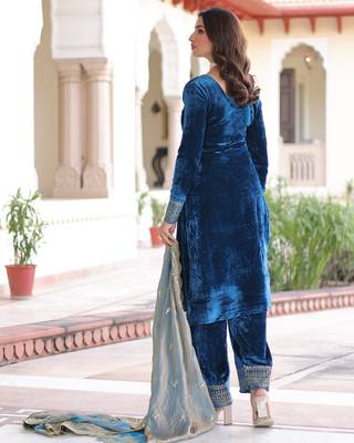 Blue velvet embroidered designer kurta set with dupatta 4