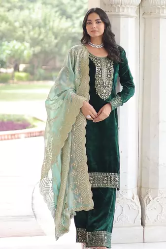Bottle green velvet embroidered designer kurta set with dupatta