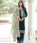 Bottle green velvet embroidered designer kurta set with dupatta