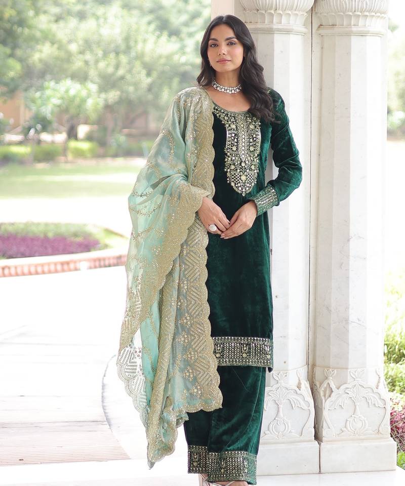 Bottle green velvet embroidered designer kurta set with dupatta