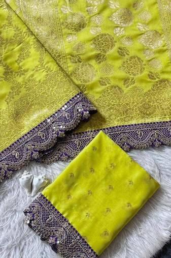 Yellow  color Embroidery Coding & Sequence Border in Saree Cotton Silk Saree