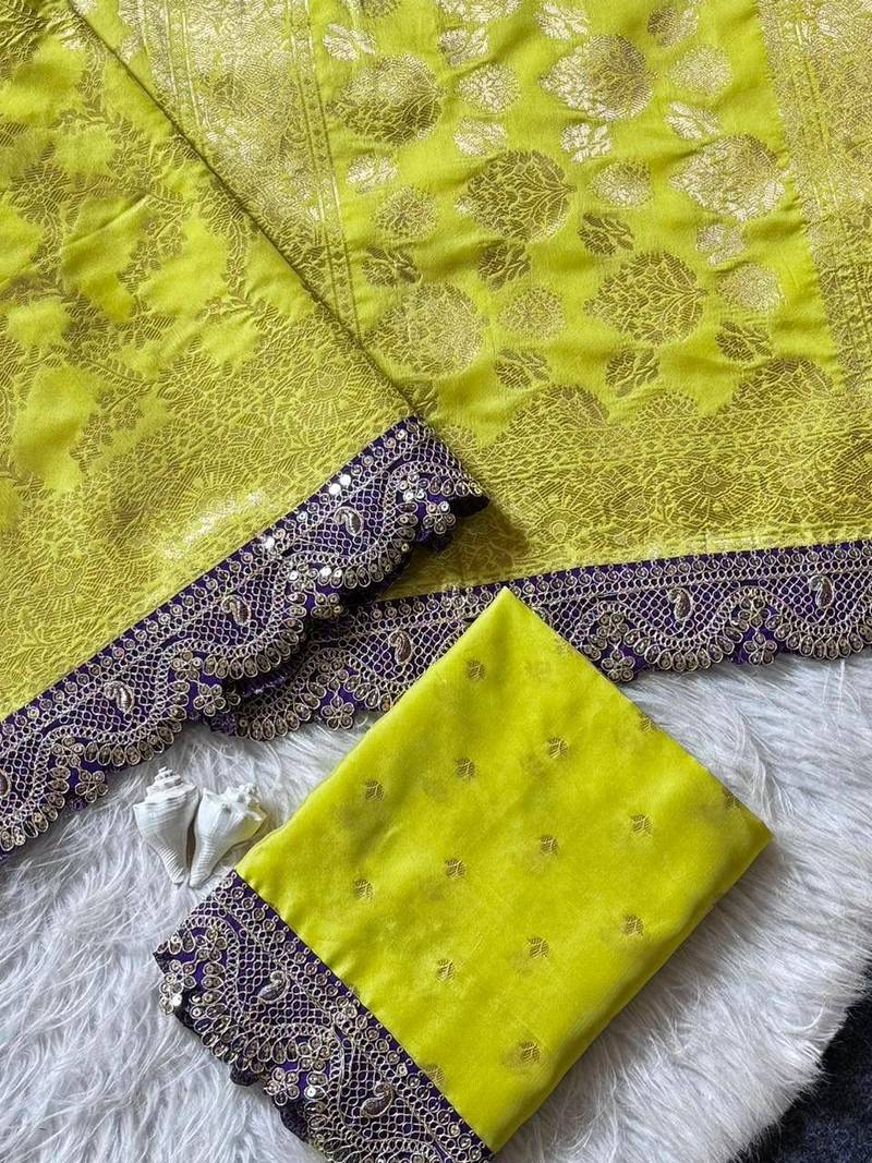 Yellow  color Embroidery Coding & Sequence Border in Saree Cotton Silk Saree