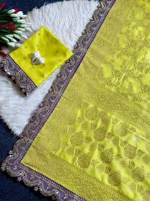 yellow cotton silk saree with embroidered sequins border 2