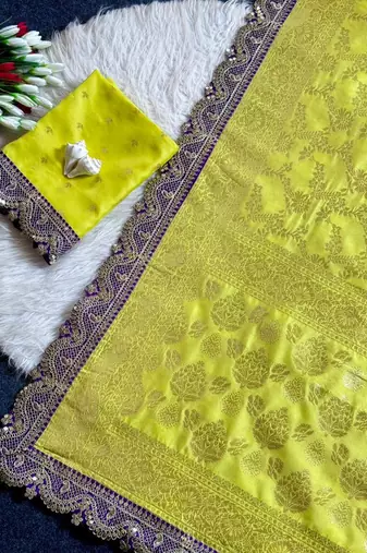 yellow cotton silk saree with embroidered sequins border