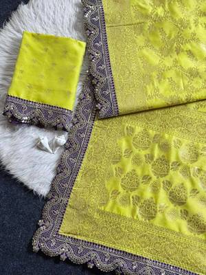 yellow cotton silk saree with embroidered sequins border 3