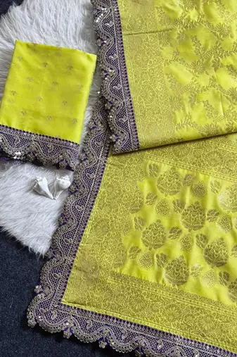 yellow cotton silk saree with embroidered sequins border