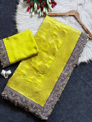 yellow cotton silk saree with embroidered sequins border 4