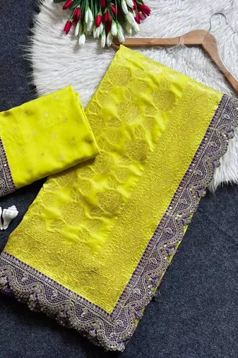 yellow cotton silk saree with embroidered sequins border