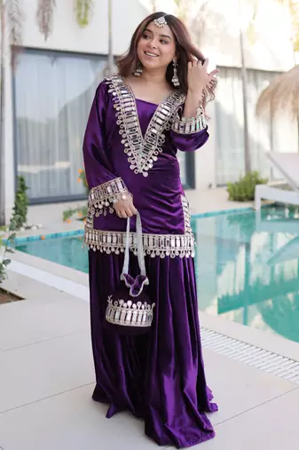 Purple velvet embroidered designer sharara suit with batwa