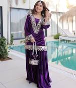 Purple velvet embroidered designer sharara suit with batwa