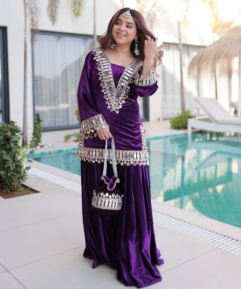 Purple velvet embroidered designer sharara suit with batwa