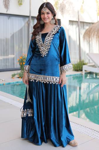 Teal velvet embroidered designer sharara suit with batwa