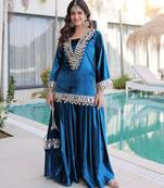Teal velvet embroidered designer sharara suit with batwa