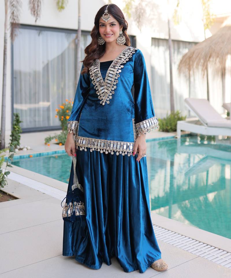 Teal velvet embroidered designer sharara suit with batwa