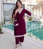 Wine velvet embroidered designer kurta set with batwa