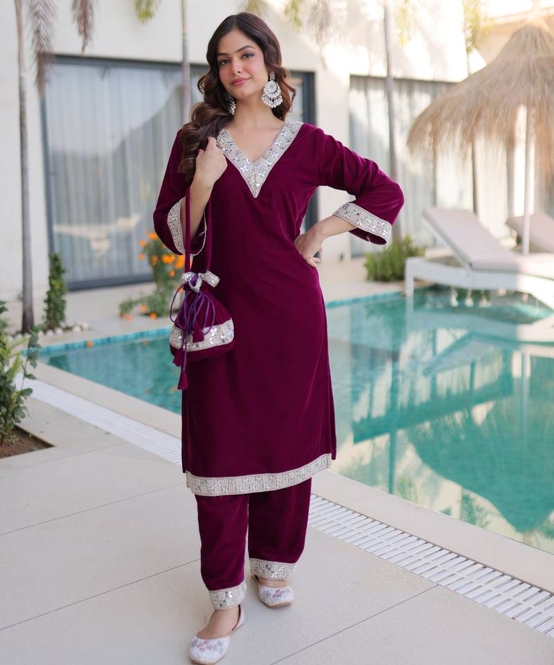 Wine velvet embroidered designer kurta set with batwa