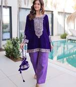 Dark purple velvet embroidered designer kurta set with batwa