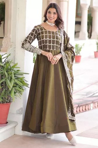 Mehendi vichitra silk embroidered designer anarkali gown with dupatta