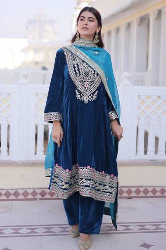 Rama velvet embroidered designer kurta set with dupatta