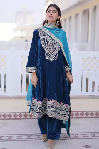 Rama velvet embroidered designer kurta set with dupatta