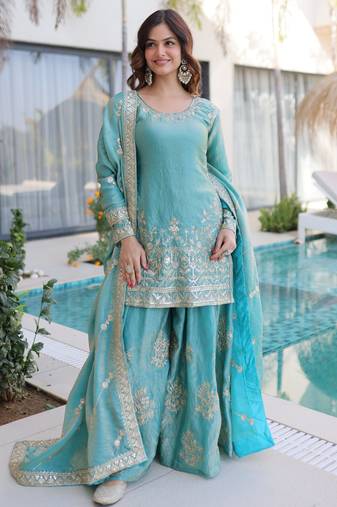 Sky blue fendy crush embroidered designer sharara suit with batwa