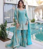Sky blue fendy crush embroidered designer sharara suit with batwa