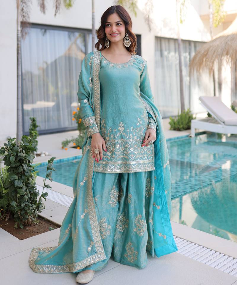 Sky blue fendy crush embroidered designer sharara suit with batwa