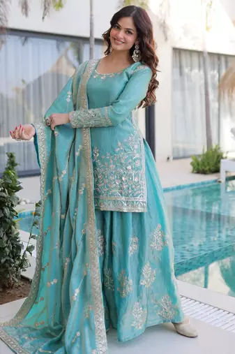 Sky blue fendy crush embroidered designer sharara suit with batwa