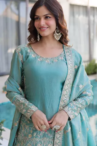 Sky blue fendy crush embroidered designer sharara suit with batwa