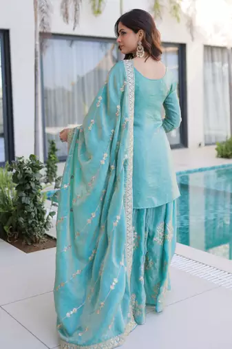 Sky blue fendy crush embroidered designer sharara suit with batwa