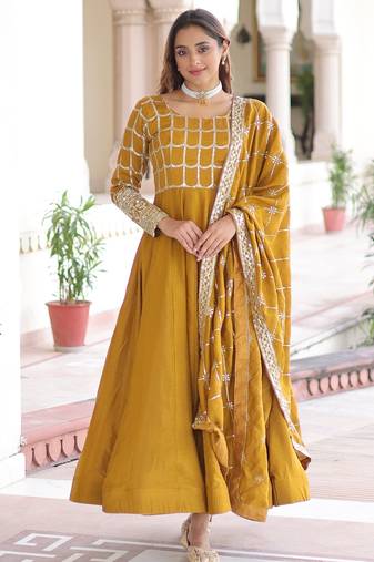 Mustard vichitra silk embroidered designer anarkali gown with dupatta