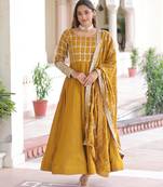 Mustard vichitra silk embroidered designer anarkali gown with dupatta