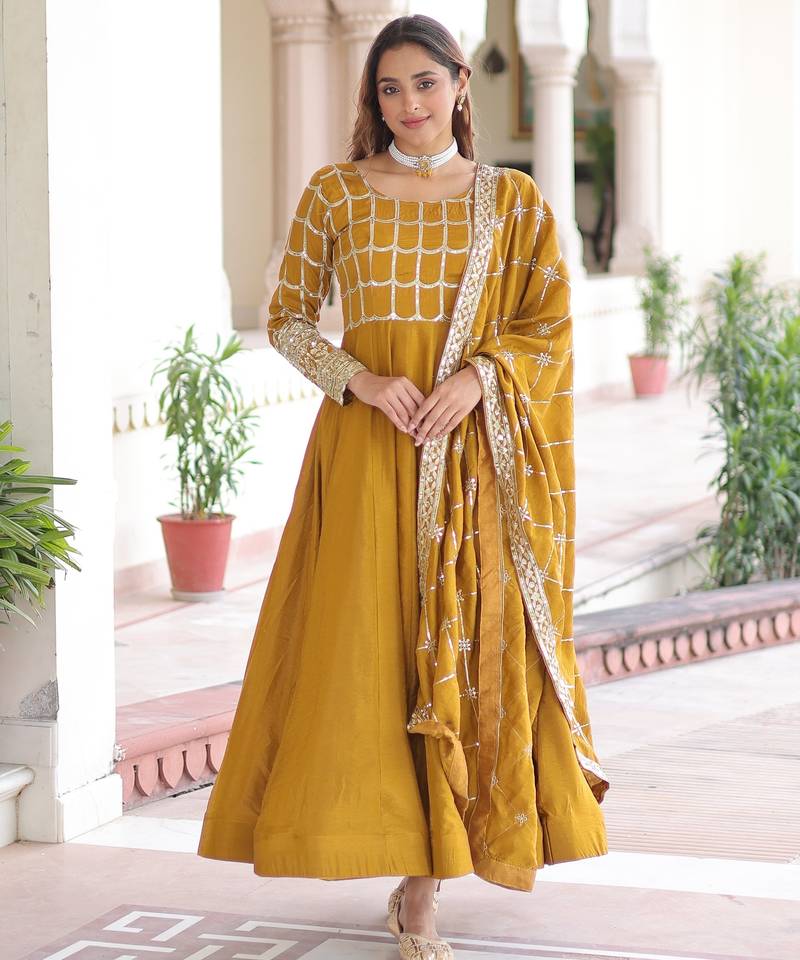 Mustard vichitra silk embroidered designer anarkali gown with dupatta
