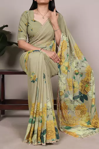 Olive color Floral Printed With Pearl Lace Border  Georgette  Saree