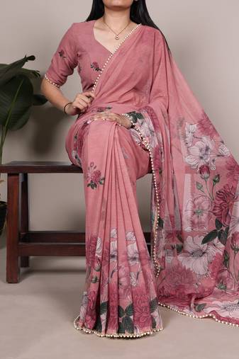 Pink color Floral Printed With Pearl Lace Border  Georgette  Saree