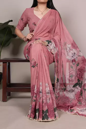 Pink color Floral Printed With Pearl Lace Border  Georgette  Saree