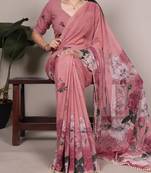 pink georgette saree with floral print and pearl lace