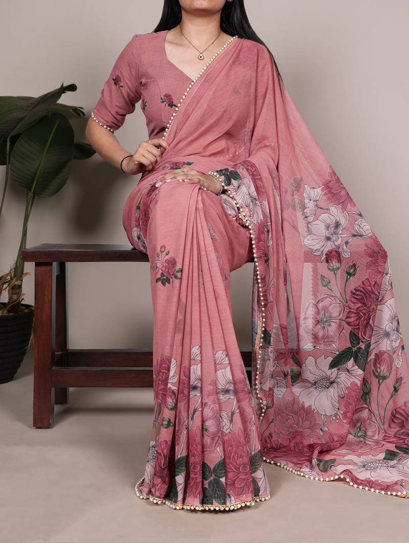 Pink color Floral Printed With Pearl Lace Border  Georgette  Saree